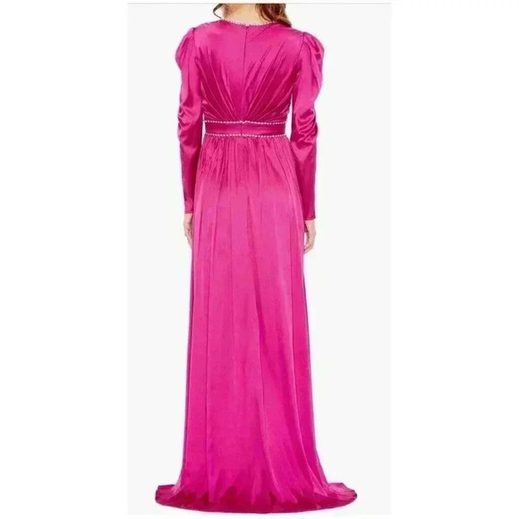 NEW Mac Duggal Magenta Crystal Satin Empire Waist Long Sleeve Gown Size 4 - Picture 2 of 11